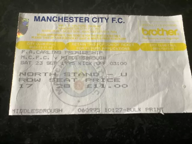 Ticket Stub Match ticket Man City v Middlesbrough Boro 23.9.95 Premiership