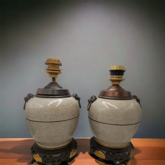 Pair Chinese Porcelain 19th Century Foo Dogs Bronze Crackle Glazed Vases Lamps