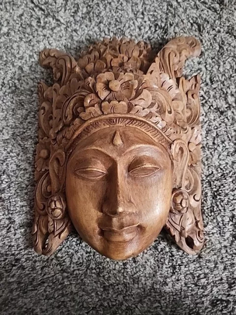 Large Wood Hand Carved Mask Balinese Princess 9-1/4" X 7-1/2"