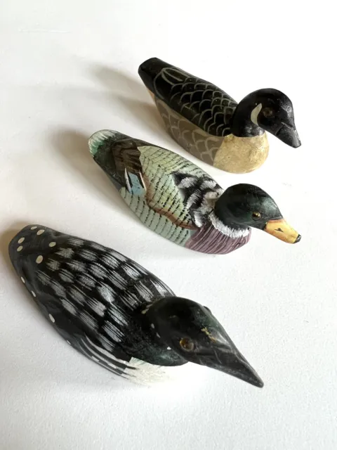 lot of 3miniature painted wooden duck goose decoys Signed Kent 19c-1 , 19c-2