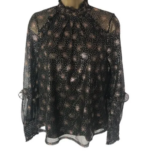 Oasis Ladies Sheer Top Blouse Black Gold Sz Medium Frilled Long Sleeves Semi Net