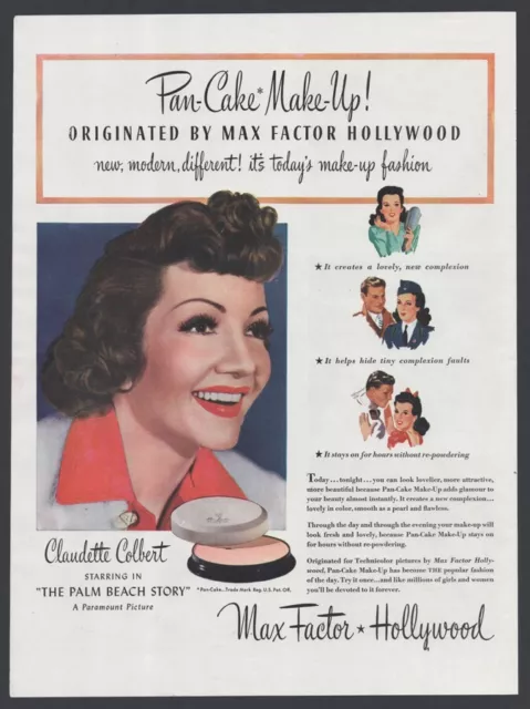 Original Reklame 1942, Pan-Cake Make-Up, Max Factor Hollywood, Claudette Colbert