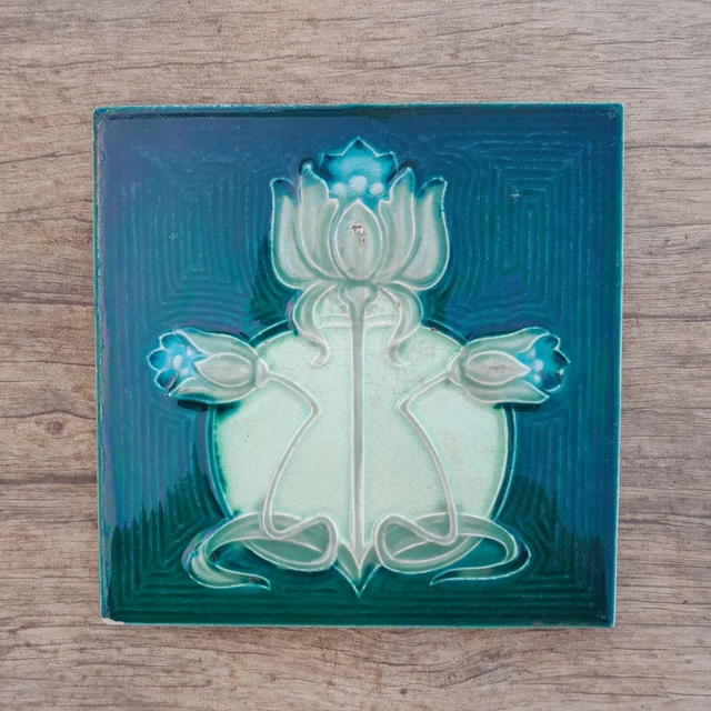 Original vintage England art nouveau Victorian majolica floral tile gorgeous