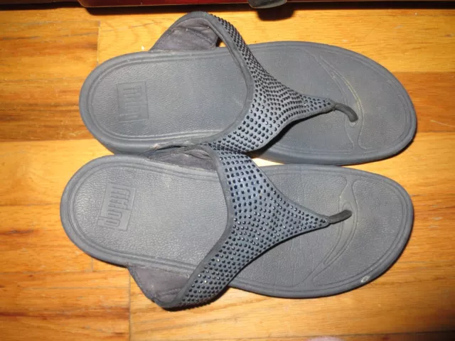 Women's Fitflop Black W/Blue Rhinestones Wedge Sandals Flip Flops Size 8 VGC