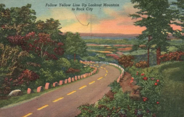 Vintage Postcard 1951 Follow Yellow Line Up Lookout Mountain To Rock City RCG