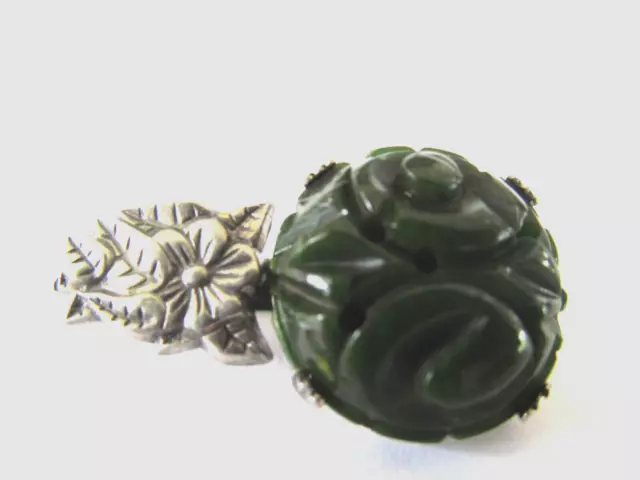 Vintage Chinese Export Carved Green Jade Jadeite Designed Sterling Brooch Pin