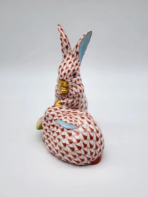 Vintage #5326 Herend Rust Fishnet Rabbits W/Corn Porcelain Figurine Ex.condition 2