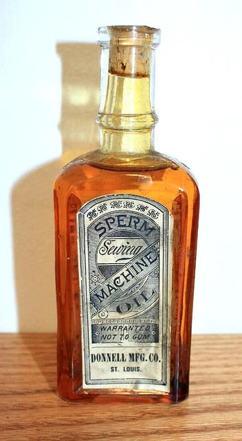 Best Antique Corked & Sealed 19th C SPERM SEWING MACHINE OIL Bottle, Donnell Mfg