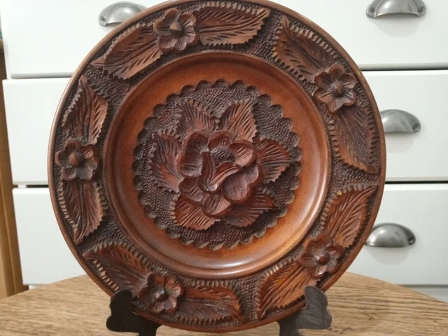 Placca da appendere a parete in legno intagliata a mano floreale vintage piastra rotonda