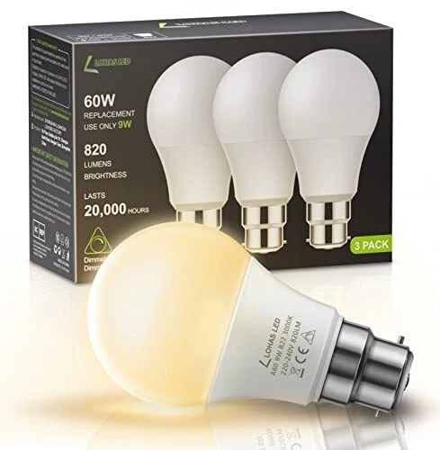 Lohas B22 LED Bajonett Lampe dimmbar, 9 W GLS LED Glühbirnen, 60 W
