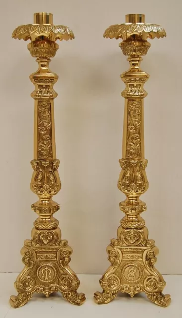Classic Pair of Brass Church Holy Family Altar Candlesticks + 24
