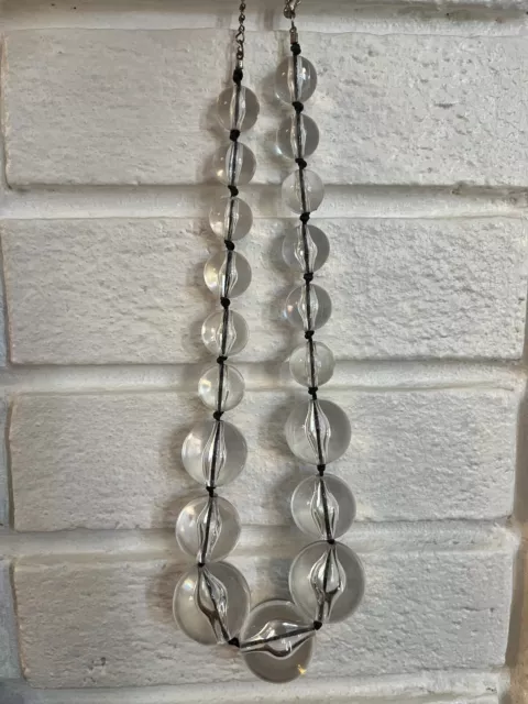 Vintage Retro Lucite Graduated Bubble Ball Clear Necklace w/Knotted Black Cord