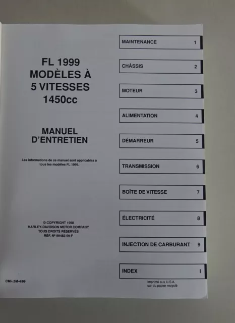 Manuel d'atelier Modèles Harley Davidson FLT 1999 Statut 04/1999 2