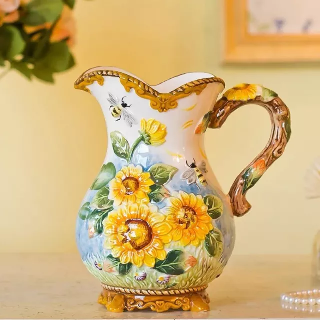 Large Ceramic Water Pitcher Flower Vase,Hand Painted Sunflower and Bee Home Deco