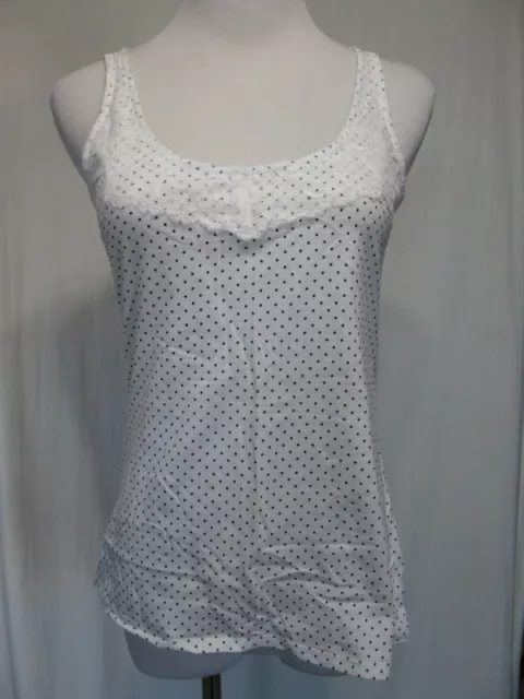 Elle White & Black Polka Dot Sleeveless Top Shell Cami Camisole Lace Trim XS EUC