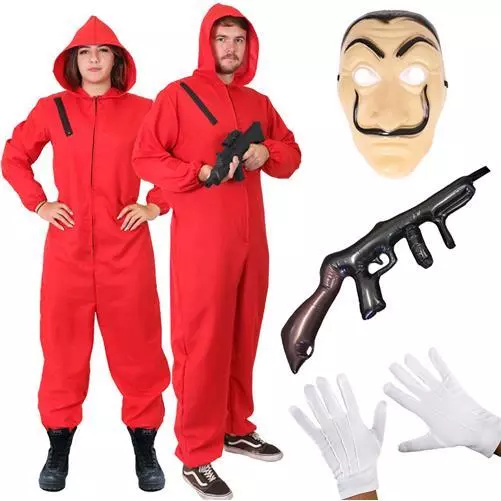 Adult Heist Costume Red Jumpsuit Gloves Mask Halloween Fancy Dress Tv Series