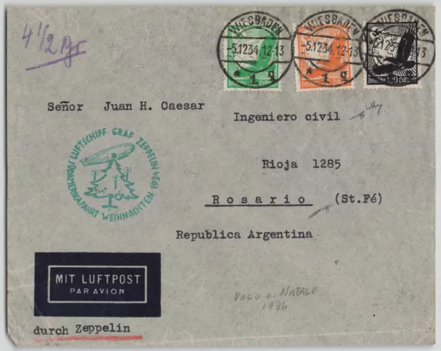 Germany 1934 Graf Zeppelin 12th South America "Christmas Flight" to Argentina