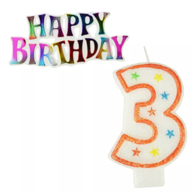 Glitter Number 3 Candle and Happy Birthday Sign, 3-3/8-Inch, 2-Piece