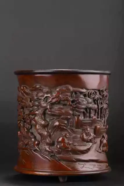 Chinese Natural Bamboo Hand-carved Exquisite Figure Story Brush Pot 竹林七贤笔筒af1919