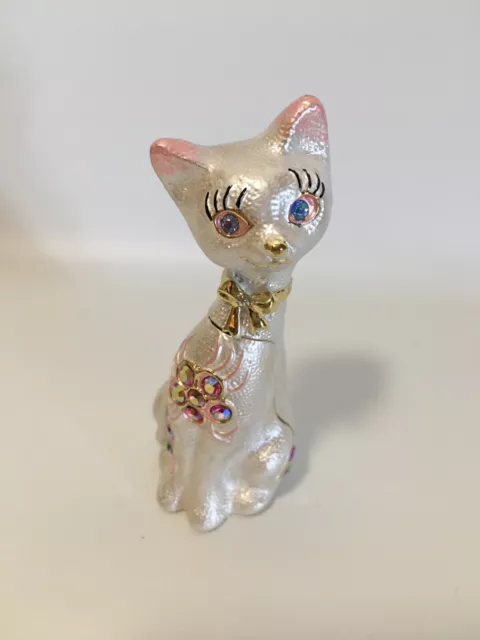Mid Century Bejeweled Long Neck Kitty Cat Trinket Box Iridescent Crystals Retro