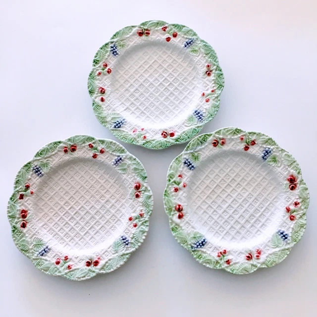 3 Italian Pottery Fruit Accent Plates Majolica White Green Grapes Cherries Set
