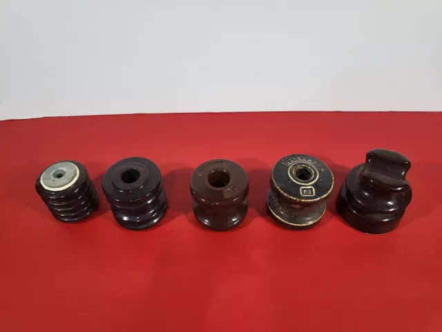 5 Vintage Power Line Electrical Porcelain Ceramic Brown Insulators.