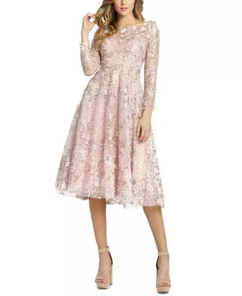 Mac Duggal Sequin Floral Lace Long Sleeve Cocktail Dress - size 14 -Rose Pink