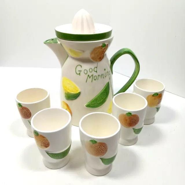 Vintage Good Morning Citrus Juice Pitcher Reamer & 5 Cups 1961 Napcoware Ceramic