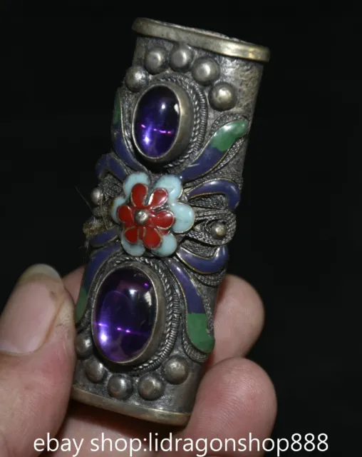 2.8 "Rare Old Chinese Email Miao Silver Purple Gem Flower Briquet Shell 3