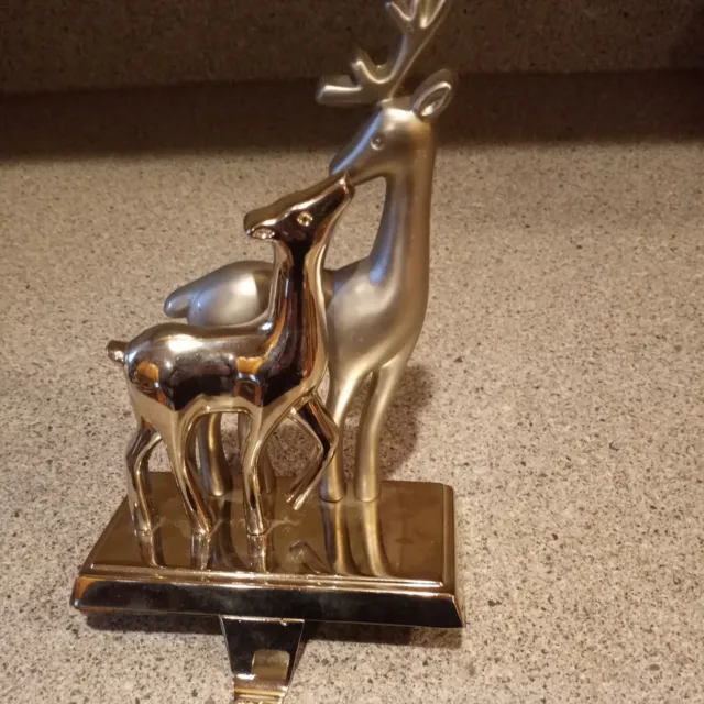 Silvertone Metal Reindeer & Fawn Christmas Stocking Holder/Hanger