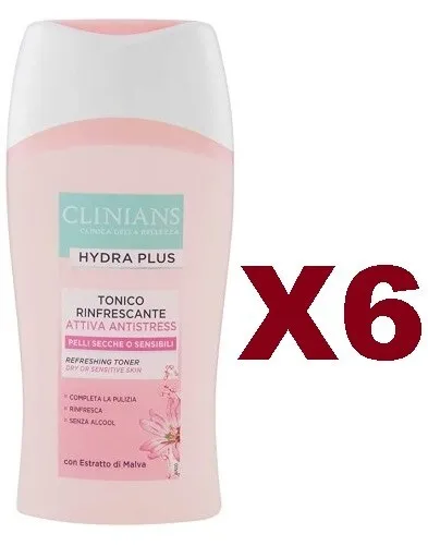 6 Pz Clinians Tonico Rinfrescante Attiva Antistress Pelli Secche Sensibili 200Ml