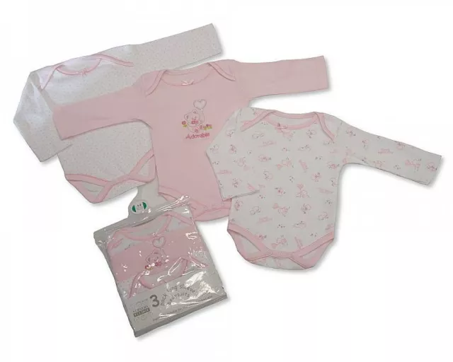 Nursery Time Girls 3pcs Long Sleeve Baby Body Vest 00-24 Months Pink Cotton New