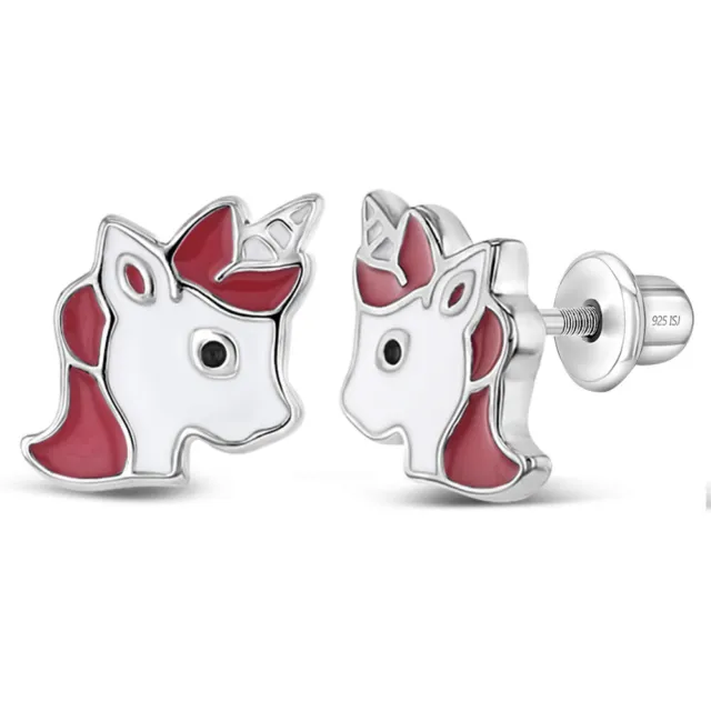 Happy Unicorn Baby / Toddler / Kids Earrings Screw Back Enamel - Sterling Silver
