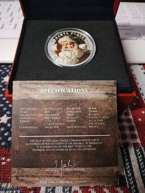 2023 Cameroon 2000 Francs - Santa Claus - 1oz Silver (Colorized) 999 mintage#122