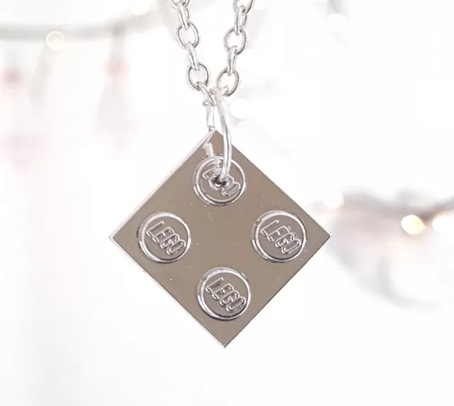 Chrome Silver Square Necklace made with LEGO Bricks chain pendant charm plated