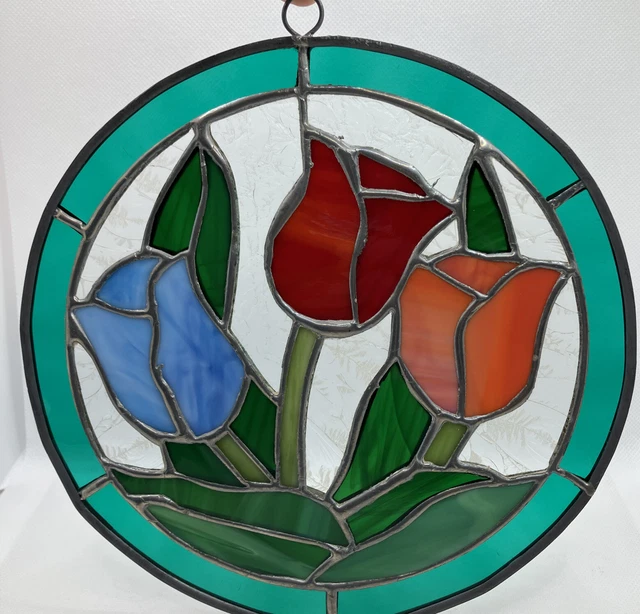 Hanging Round Stained Leaded Glass - 3 Tulips & Leaves 8.25” Circle