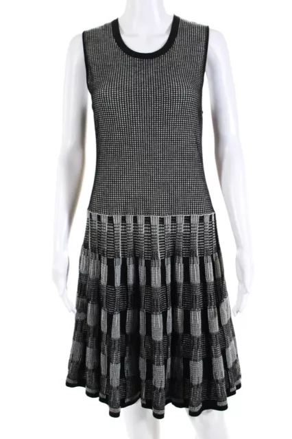 Lela Rose Womens Knit Crewneck Sleeveless Fit & Flare Dress Black White Size M