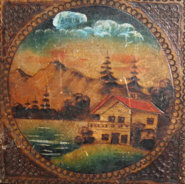 Antique  European Wood Hand Painted Pyrography Trinket Box