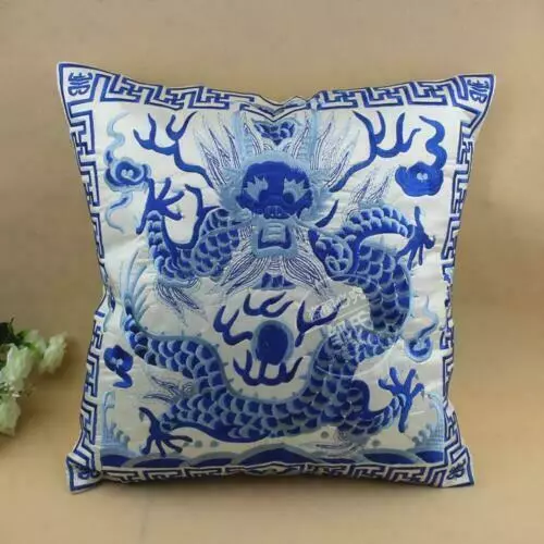 CLASSIC Chinese Blue And White Porcelain Silk EMBROIDERD Dragon Cushion Cover