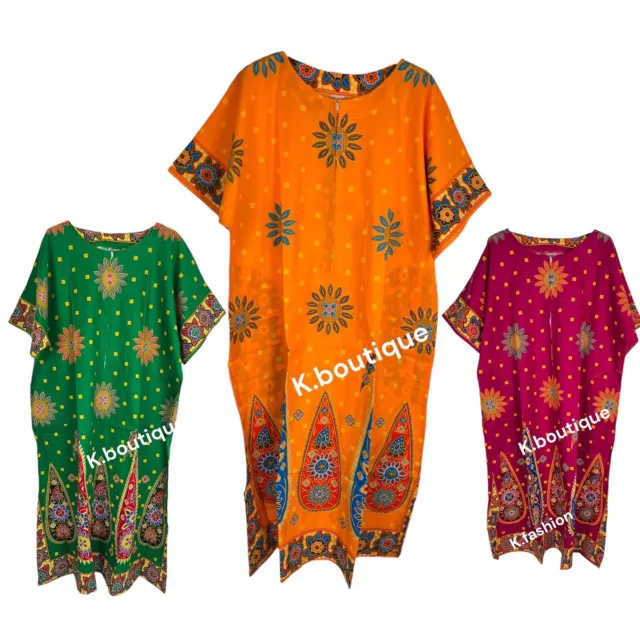 New Womens 100% COTTON Long Kaftan Dress Summer Paisley Ethnic Print One Size UK