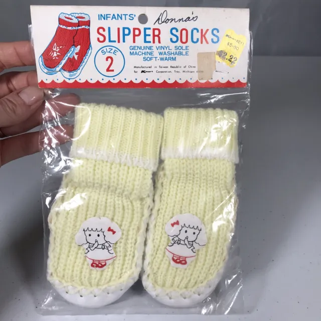 NOS Vintage Kmart Infants Slipper Socks Size 2 Girl Yellow White Knit Vinyl
