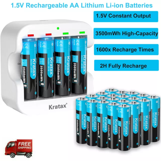 Kratax 1.5V AA Rechargeable Li-ion Batteries 3500mWh High Capacity Long Lasting