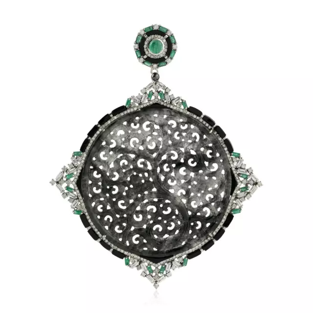 18k White Gold Carved Jade & Diamond Pendant Silver Multi Gemstone Jewelry