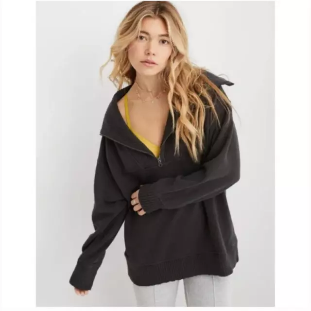 AERIE WOMEN'S SMOKED Gray Down-To-Earth Quarter Zip Sweatshirt Size M ...