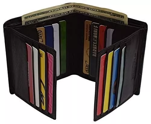 Genuine Leather Men's Dual Credit Card ID Flap Bifold Wallet Passcase RFID Block