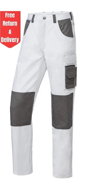 Mens White Work Trousers Knee Pad Pockets Painter Decorators Cargo Combat Pants