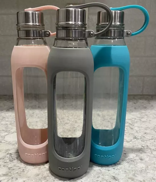 Botellas de agua de vidrio Contigo 20 oz con manga de silicona gris rosa azulada conjunto de regalo de 3