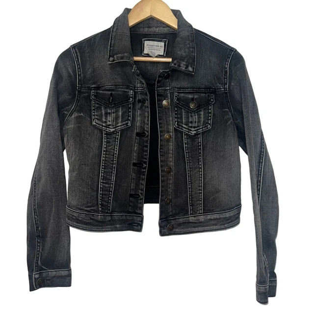 Forever 21 premium denim jean jacket black stone wash distressed crop oversized