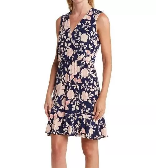 Eliza J Floral Summer Dress Navy Sleeveless Size 4 Pink Print Fit & Flare Jersey