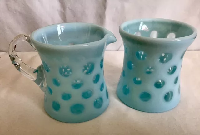 Vintage Fenton Art Glass Blue Opalescent Coin Dot Sugar And Creamer Set